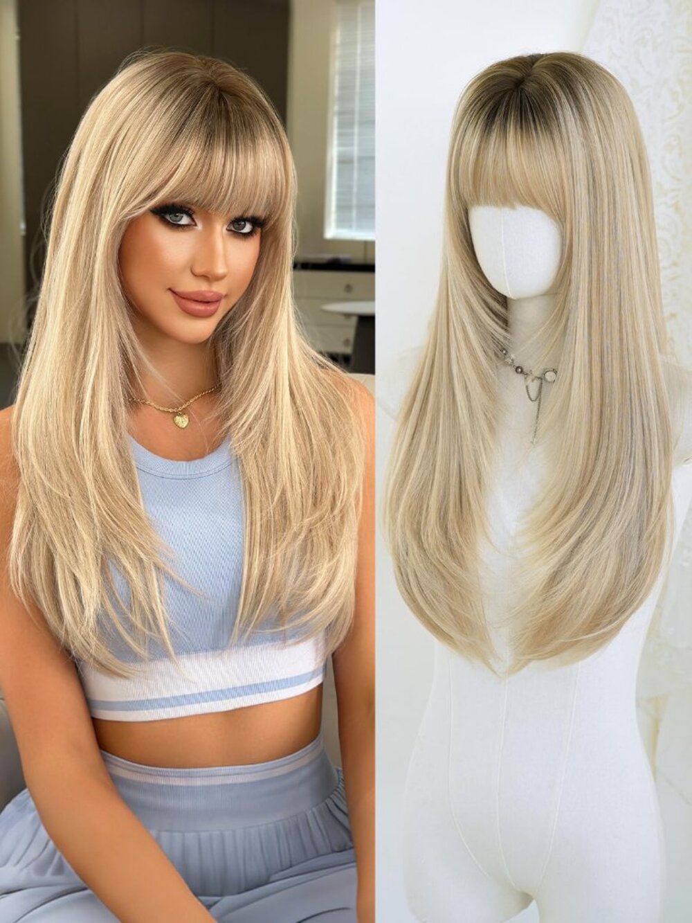 26IN Women's Platinum Blonde Long Straight Layered Synthetic Wig With Bangs